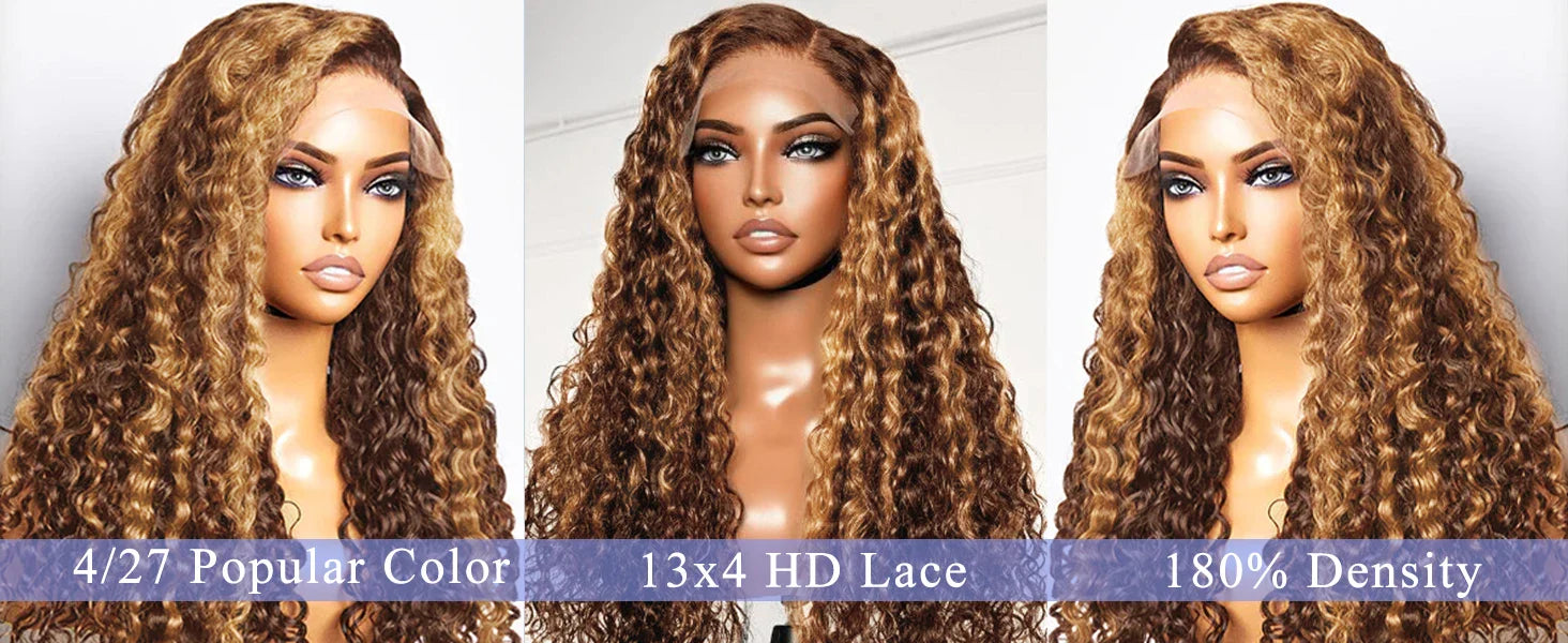 250% Highlight Deep Wave 13x6 Hd Lace Frontal Wig Human Hair Pre Plucked 30 40 Inch Brown Ombre Curly Water Wave human hair wigs